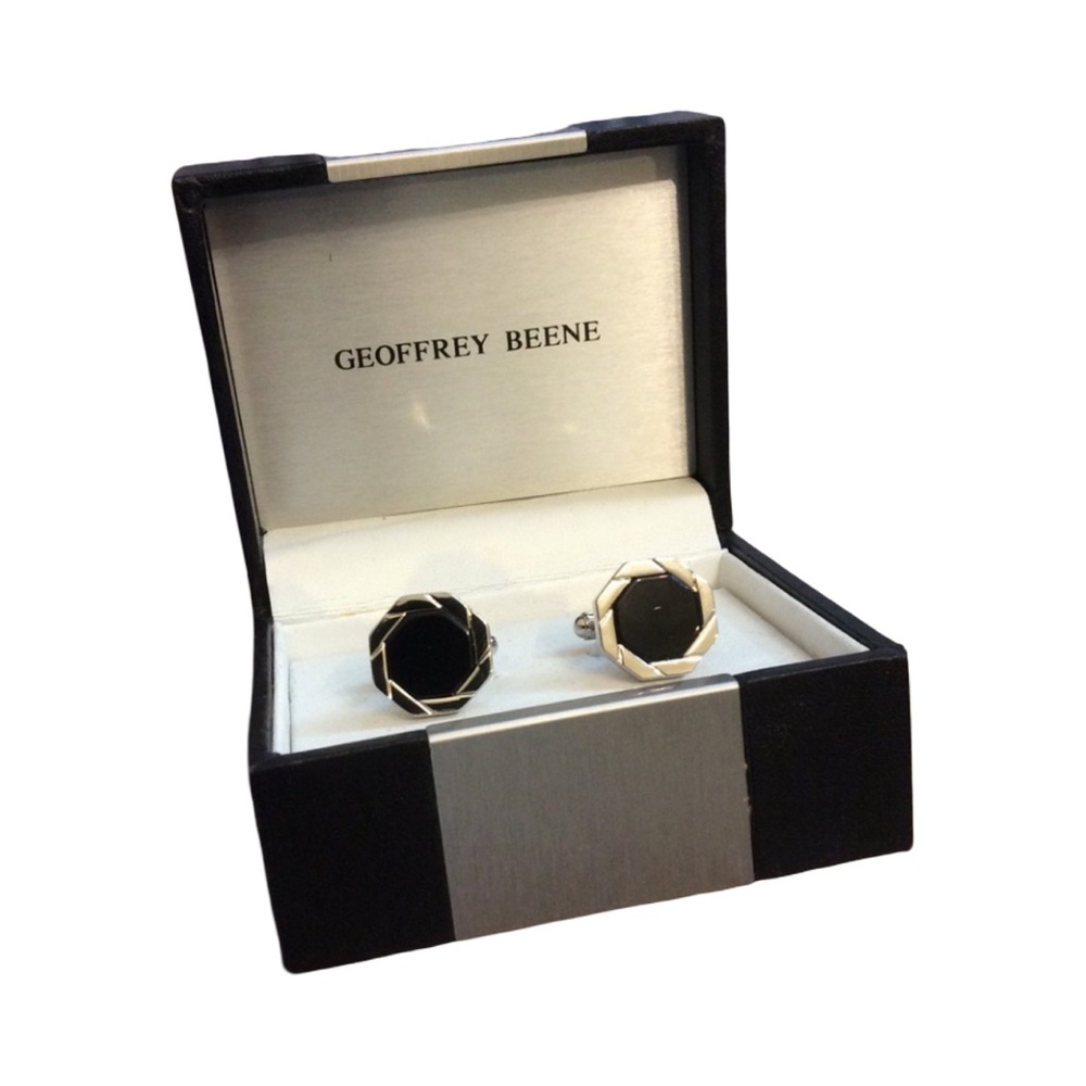 Geoffrey Beene Hexagon Shaped Silver Onyx Cufflink